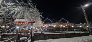 a house covered in snow at night with lights at La Neamțu in Văliug