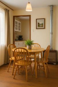 a wooden table and chairs with a potted plant on it at 6 personas - Casa amplia y acogedora en zona residencial in Puerto Natales