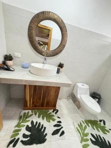 a bathroom with a sink and a mirror and a toilet at Casa Danta in Drake +50 photos