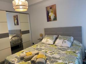 a bedroom with a bed and a mirror at La Goelette in Vieux-Fort