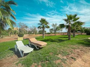 2 chaises et une table dans un parc planté de palmiers dans l'établissement Palmeraie chic à 10 mn du stade Piscine et confort, à Dar Caïd Layadi