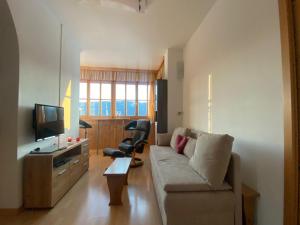 a living room with a couch and a television at Fanningberg in Mariapfarr