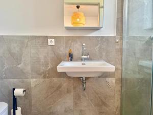 une salle de bain avec un lavabo et un miroir dans l'établissement Stylish Modern Apartment with Patio near Vienna, à Wiener Neudorf