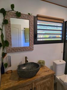a bathroom with a stone sink and a mirror at Revatua Lodge Puuru - Piscine privée et Petit-déjeuner inclus in Niumaa