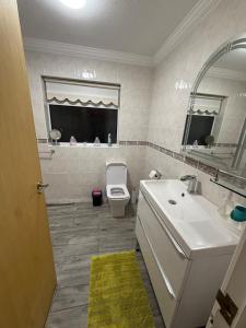 une salle de bain avec toilettes, lavabo et miroir dans l'établissement A lovely bungalow with 3 bedrooms and nice garden, à Boultham 8 autres photos