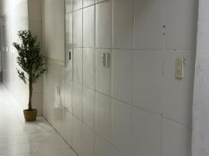 a white tiled hallway with a potted tree in it at Alojamiento para 12 personas a pasos del Estadio Defensores del Chaco in Asuncion