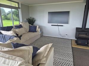 un salon avec un canapé et une télévision à écran plat dans l'établissement King of the Hill, à Amodeo Bay