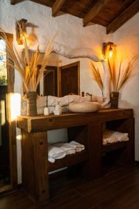 a bathroom with a sink and a counter with towels at Antu Wellness cabaña de lujo en paine in Maipo