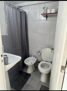 a bathroom with a toilet and a sink at Apart Boulevard in Vuelta del Paraguayo