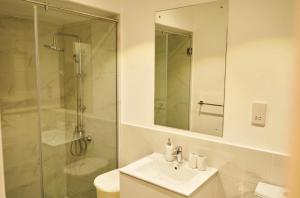a bathroom with a shower and a sink and a mirror at Embassy Onebedroom by Unique Abodes in Accra