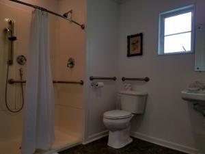 a bathroom with a shower and a toilet and a sink at Roseloe Motel in Hot Springs +105 photos