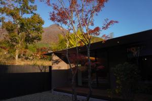 a tree in front of a building with a mountain in the background at Hotel MODA in Yufuin