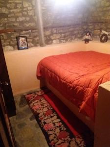 a bedroom with a bed in a stone wall at Traditional Stone House in Aidonia Grevenon in Aidonia