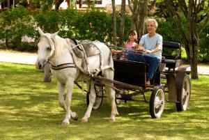 a man and a woman riding in a horse drawn carriage at Hotel Fazenda Portal de Gravatá in Gravatá +49 photos