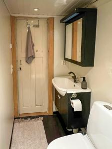 a bathroom with a sink and a toilet and a mirror at Historic Dock House In The Heart Of Småland in Hult +27 photos