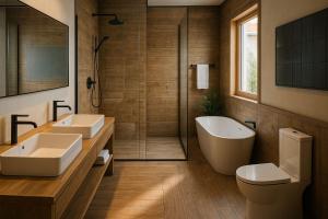 a bathroom with two sinks and a tub and a toilet at Wenjin Culu in Elbasan
