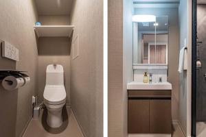two pictures of a bathroom with a toilet and a sink at Apartment Hotel 11 Nambaminami 2 in Osaka +19 photos