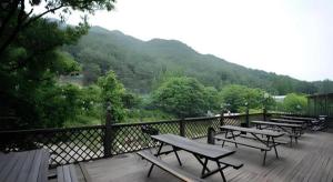 eine Gruppe von Picknicktischen auf einer Terrasse mit einem Berg in der Unterkunft Goodstay Jirisan Little Prince Pension in Sŏ-ch'on
