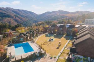 an aerial view of a house with a pool at Gapyeong Haru Dog Pension in Oebang-ni