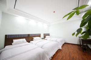 a row of white beds in a white room at Yazhu Creekfront Boutique Hotel in Zhangjiajie +103 photos