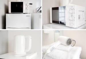 un collage de quatre photos d'un micro-ondes et d'un réfrigérateur dans l'établissement japan house ebisu, à Tokyo