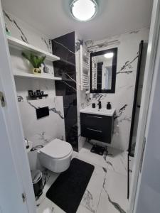 a bathroom with a toilet and a sink at Apartments by Radecka Zarembowicza Wrocław Lotnisko - Nowoczesny apartament o podwyższonym standardzie in Wrocław +47 photos