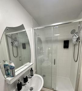 a bathroom with a shower and a sink at The Luma Suite in Albrighton