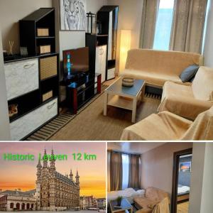 a living room with a couch and a living room with a tv at Sunny days -cozy apartment in Boutersem