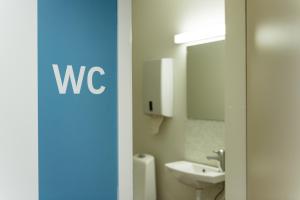 a bathroom with a sink and a toilet and a mirror at Örnsköldsviks Gästhamn in Örnsköldsvik