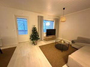 a living room with a christmas tree and a television at Arctic Circle Holiday Homes in Rovaniemi