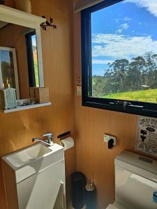 a bathroom with a window and a sink and a toilet at Perrys South by Tiny Away in Forth