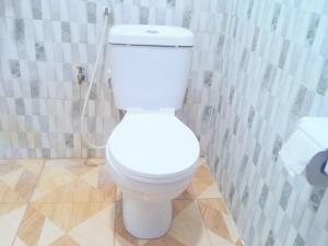 a white toilet in a bathroom with a shower at Madonna 1BR Apartment with Fast WiFi and Pool in Morogoro
