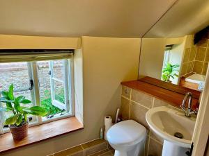 ein Badezimmer mit Toilette und Waschbecken und einem Fenster in der Unterkunft Charming Grade 2 Cottage w/ Garden in Warminster in Warminster + 14 Fotos