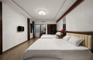 a hotel room with two beds and a television at Kangaroo homestay in Cat Ba +54 photos