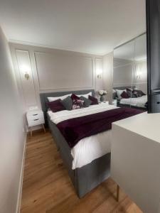 a bedroom with a large bed with a large mirror at See- & Bergblick Oberteuringen 58 mit beheiztem Indoor-Pool in Oberteuringen