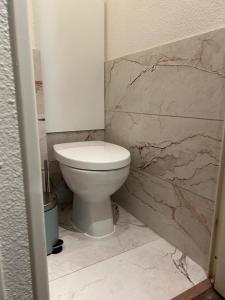 une salle de bain avec toilettes et un mur en marbre dans l'établissement appartement très chaleureux, à Risoul