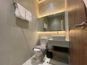 un bagno con un water, un lavandino e uno specchio di D'Capstone Guesthouse a Nagoya