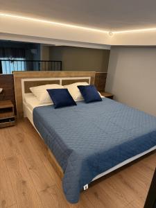 敖德萨Апартаменти Аркадія, з терасою та 3 хв до моря的卧室里有一张大床，配有蓝色枕头