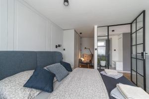 une chambre avec un grand lit avec des oreillers bleus dans l'établissement Apartmán Pradědův, à Šumperk