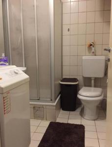 a bathroom with a shower and a toilet and a sink at Apartment UNA - self check in in Graz