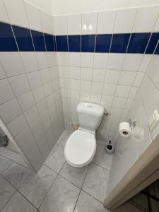 ein Badezimmer mit einer weißen Toilette und blau-weißen Fliesen in der Unterkunft Studieux in Millau