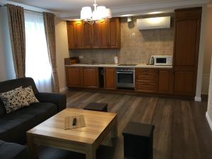 una sala de estar con un sofá y una mesa en Purple Amber, en Juodkrantė
