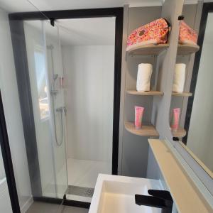 a bathroom with a shower and a sink and a mirror at Le Havre de Paix Mobil home a 200m de la Plage Parc Aquatique Camping 5 Etoiles in Torreilles