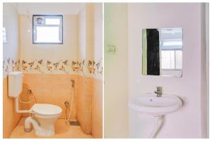 Dos imágenes de un baño con inodoro y lavabo. en Hotel O Elite Studio, en Kharadi 24 fotos más