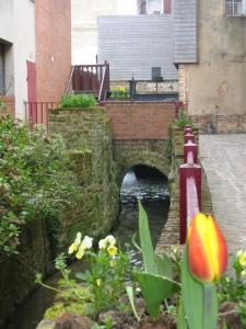 a stone bridge over a river in a garden at Logis-Hôtel & Restaurant LE CARNOT in Bolbec