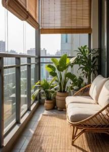 an apartment balcony with a wicker chair and plants at 1988 Homestay in Phu Quoc