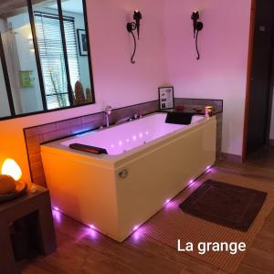 eine große Badewanne mit Beleuchtung im Bad in der Unterkunft La Grange Cal'Ain in Magnieu