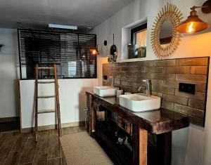 ein Badezimmer mit 2 Waschbecken und einem Spiegel an der Wand in der Unterkunft La Grange Cal'Ain in Magnieu + 24 Fotos