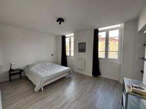 une chambre blanche avec un lit et deux fenêtres dans l'établissement Appartement lumineux & moderne au cœur de Valence, à Valence