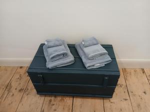 Saint-Vincent-JalmoutiersChâteau de La Renaudie的两条毛巾放在一个黑盒子上。 更多81张照片